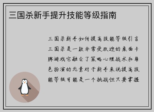 三国杀新手提升技能等级指南
